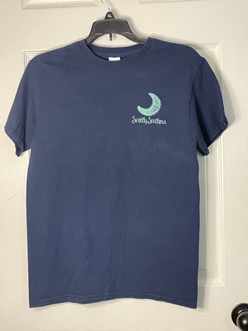 Navy Sweetly Southern Short Sleeve Tee with Mint Moon Logo. Size S